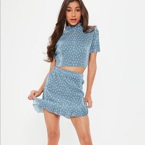 Blue polka dot top and skirt